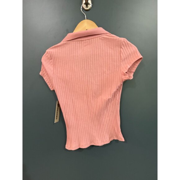 NEW No Boundaries Womens Ribbed Pink Johnny Collar Polo Shirt S (4-6) - Picture 2 of 4